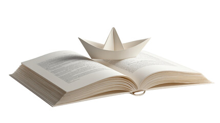Obraz premium An open book with a paper boat on it. A metaphor for journey and exploration, with the boat symbolizing adventure