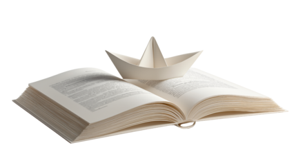 An open book with a paper boat on it. A metaphor for journey and exploration, with the boat symbolizing adventure