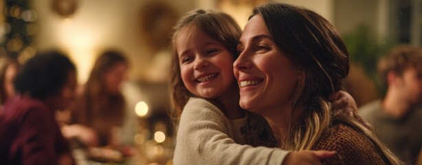 The joyful moment of a mother and daughter sharing a loving embrace.