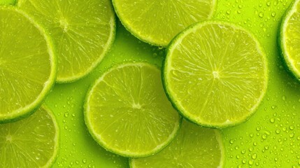 Fresh Lime Slices with Water Drops on Vibrant Green Background
