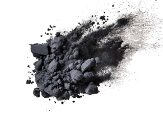 A close-up shot of a black powder explosion with a dynamic burst of particles. The contrast between the dark powder and the surrounding space creates a dramatic and visually striking composition