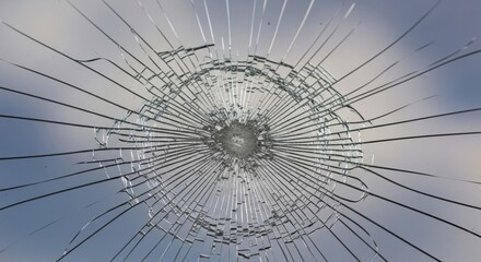 A detailed macro shot of a spiderweb-like crack spreading through a transparent glass pane