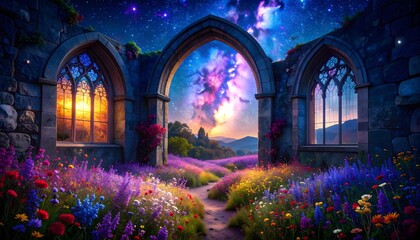 Enchanted night windows framing a galaxy and wildflowers