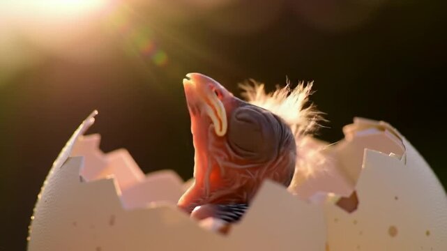 Newborn Chick Hatching from Cracked Egg in Golden Backlight Closeup