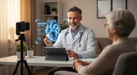 A doctor uses a holographic heart model during a telemedicine consultation with a senior patient.