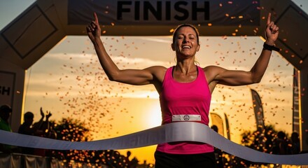 A triumphant female runner with arms raised crosses the finish line during a sunset marathon