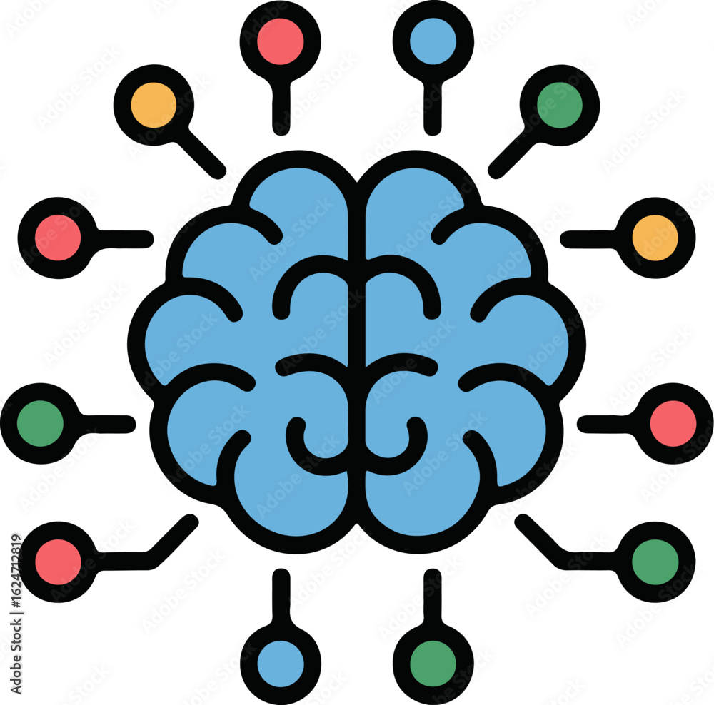 Poster stylized brain with connected nodes representing neural network or ai