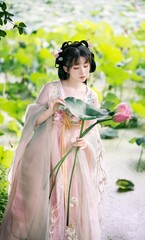 Young woman in traditional dress holding lotus flower Chinese word means lotus.