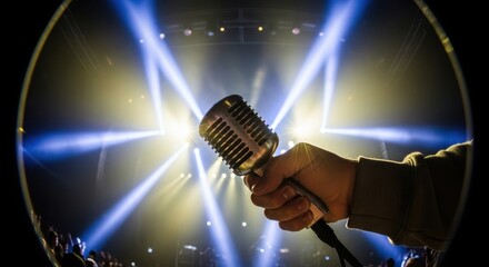 Close-up of a hand with a retro microphone against a backdrop of dramatic stage lights at a live event.