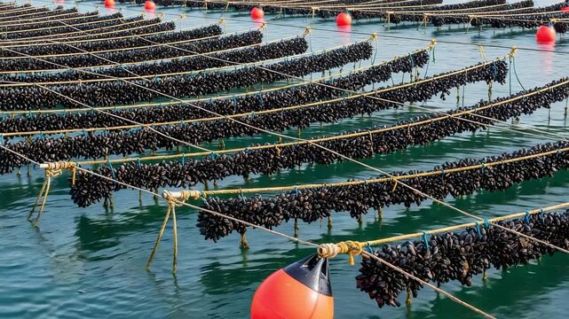 Mussel farm with long lines of fresh mussels hanging on ropes in the sea. Aquaculture industry for seafood production. Mariculture of bivalve molluscs.