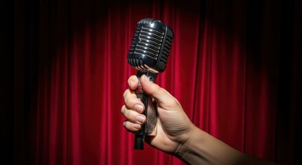 A performer's hand holding a vintage silver microphone on stage against a red curtain