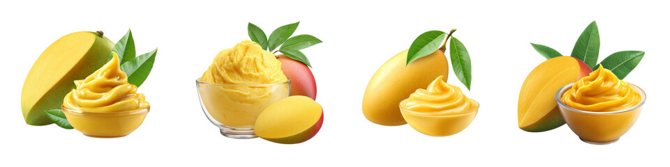 Set of mango pureed isolated on transparent background.