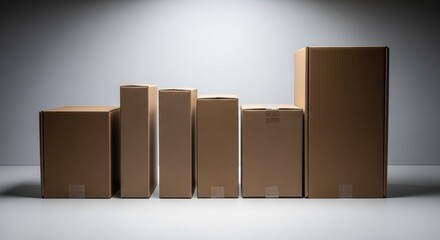 A row of cardboard boxes of different sizes arranged like a bar graph for business concepts.