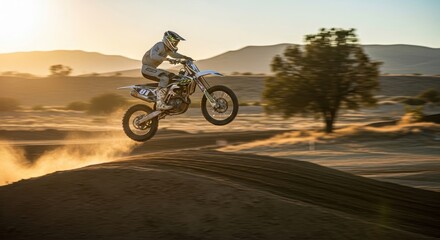 Motocross rider soars through the air over a dusty dirt ramp during a desert race at sunset.