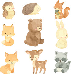 Cute baby animals collection including cartoon cat, dog, rabbit, pig, bear, and other wild zoo pets, set of funny animal character vector illustrations