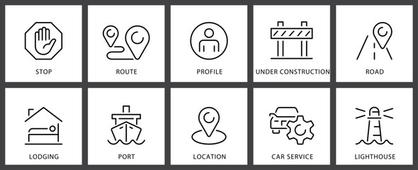 Icons space collection Mega icons,Stop, Route, Profile, Road, Port, Car service