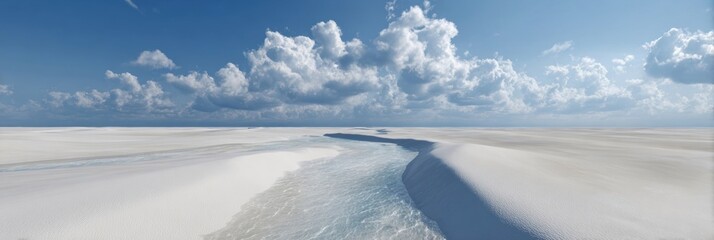 Serene White Sands and Tranquil Blue Sky Over Lush Waterway