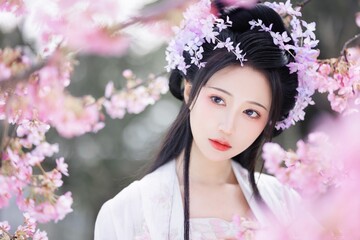 Elegant young woman amidst blooming cherry blossoms Chinese word means cherry blossoms.