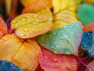 Colorful Autumn Leaves Close-Up with Water Droplets