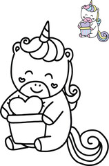 Coloring Book Kids Adorable unicorn illustration holding a heart-shaped gift with sweet smile and charming details for coloring activity page