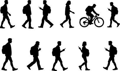 Fototapeta premium Silhouettes of People Walking and Biking