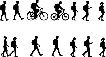 Naklejka premium Silhouettes of People Walking and Biking