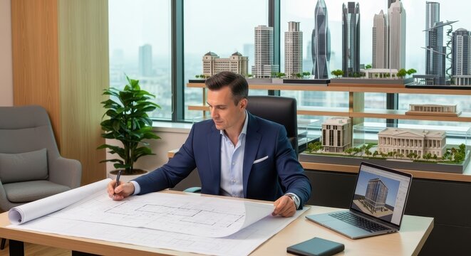 A professional architect reviewing architectural blueprints in a modern office with scale models