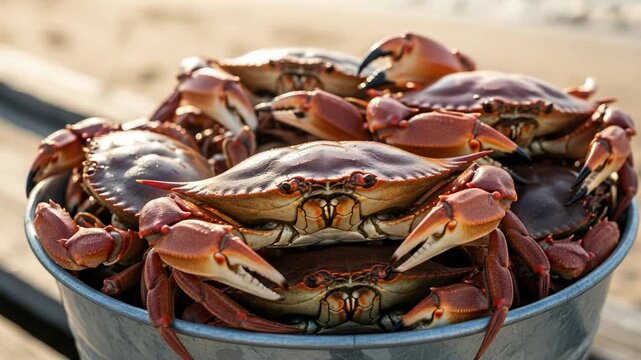 A metal bucket full of fresh live crabs on a wooden pier. Seafood catch of the day from the ocean. Coastal crabbing and fishing.