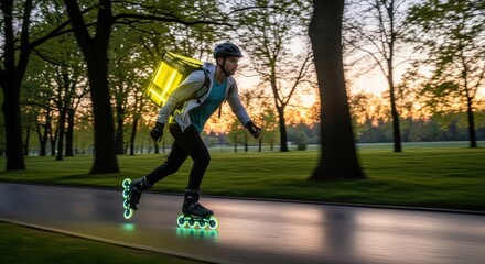 Obraz premium A futuristic courier on rollerblades with a glowing bag speeds through a park at dusk.