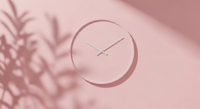 Minimalist round wall clock on a pastel pink wall with botanical shadows from sunlight