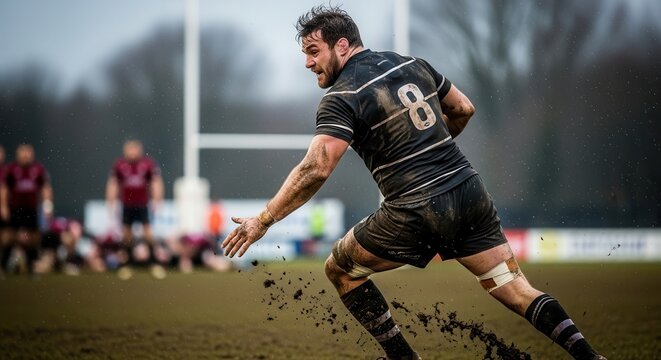 A determined rugby player charging forward in an intense match, with mud flying from the field - Powered by Adobe
