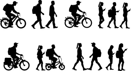 Naklejka premium Silhouettes of People Walking and Biking