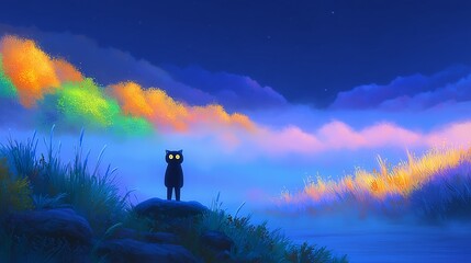 A beautiful digital painting of a black cat standing on a hill, overlooking a vibrant and magical landscape with glowing, colorful clouds