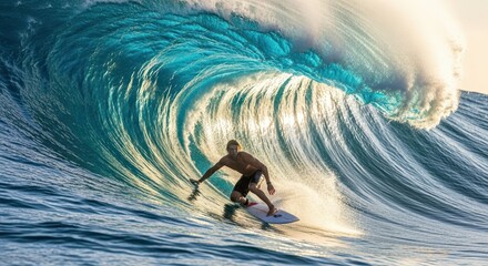 A skilled surfer expertly riding inside the barrel of a towering, sunlit ocean wave