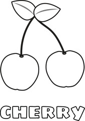 Fototapeta premium Coloring Book Kids A delightful black and white illustration of two juicy cherries with leaves, perfect for coloring books and educational materials, fun drawing.