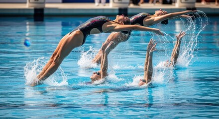 Synchronized swimming team performing an elegant and athletic formation in a blue pool.