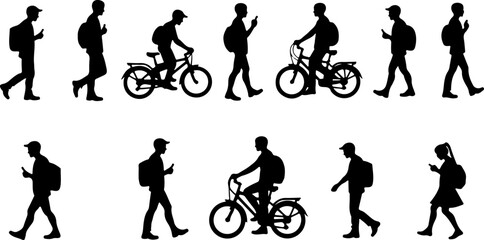 Naklejka premium Silhouettes of People Walking and Biking