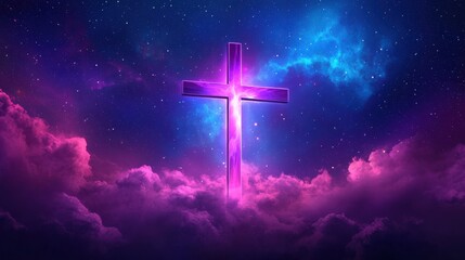 Fototapeta premium Vibrant Cosmic Scene Featuring Luminous Purple Cross Amidst Colorful Clouds and Starry Night Sky