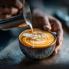Masterful Barista Crafts Intricate Latte Art: A Journey into the Art and Skill of Creating Beautiful Coffee Designs by a Talented Barista