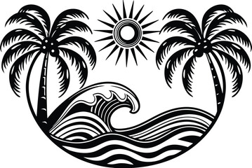 Vintage Tropical Sunrise Over Waves Graphic Design