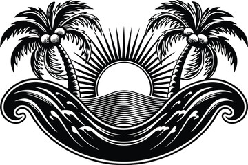 Vintage Tropical Sunrise Over Waves Graphic Design