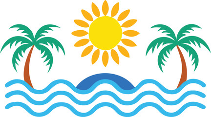 Colorful Tropical Island Scene with Sun and Palm Trees