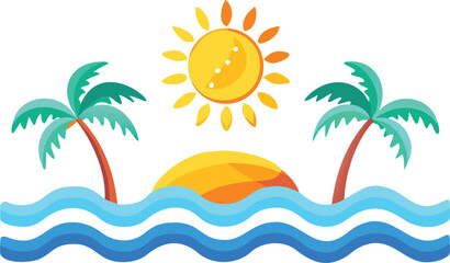 Colorful Tropical Island Scene with Sun and Palm Trees