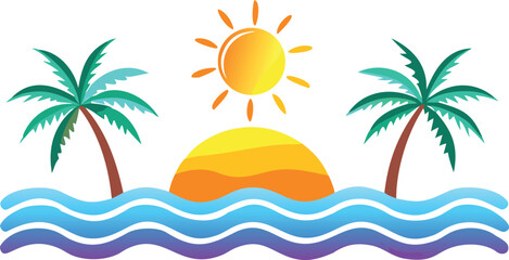 Colorful cartoon tropical island scene with palm trees and sun