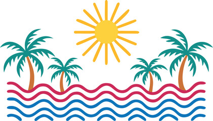 Colorful cartoon tropical island scene with palm trees and sun