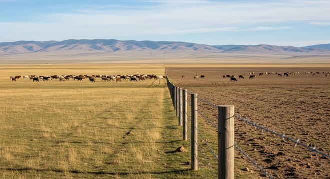A fence dividing a vast landscape into lush pasture and overgrazed barren land.