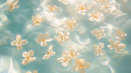 Dozens of tiny yellow flowers floating on the surface of clear, pale blue water. Soft sunlight reflects gently across the water, creating delicate ripple patterns.