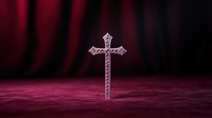 Close-Up of a Beautifully Crafted Gemstone Cross Against a Luxurious Maroon Velvet Backdrop