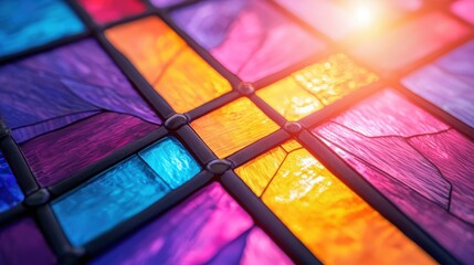 Close-up of Colorful Stained Glass Window with Vivid Hues and Sunlight in Architectural Design