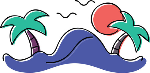Colorful Illustration of a Sunset Over Ocean Waves and Palm Tree